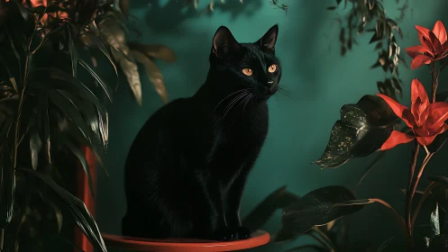 Black Cat with Amber Eyes in Botanical Setting.