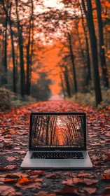 Laptop blends into glowing autumn forest path in vivid symmetry