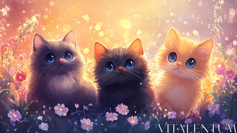 Three Cats in Flower Field with Luminous Atmospheric Effects