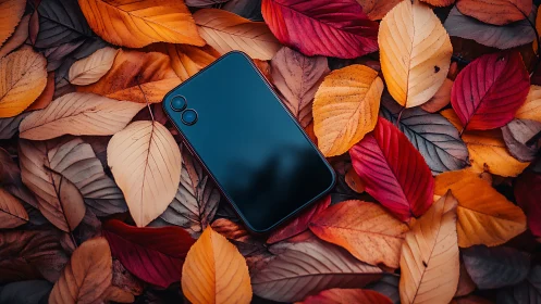 Black dual-camera smartphone on autumn foliage bed, top view