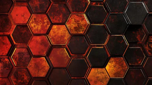 Fiery Hexagonal Grid Abstract Pattern with Metallic Texture.