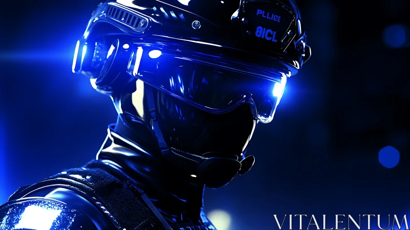 Tactical cyber-police operative rendered in neon blue light
