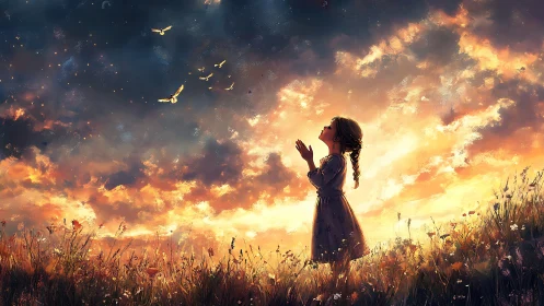 Backlit girl in wildflower field under radiant sunset clouds
