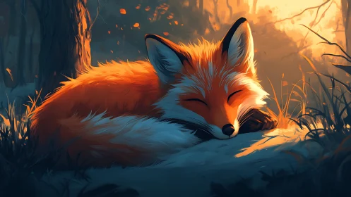Sleeping red fox curls in warm light of tranquil forest