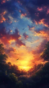 High saturation forest sunset sky with silhouetted soaring birds