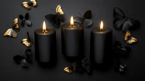Triple black pillar candles with gold-dusted butterflies.