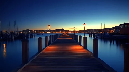 Golden dusk walkway leading into a calm harbor evening.