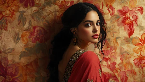 Elegant woman in red sari before textured floral mural.