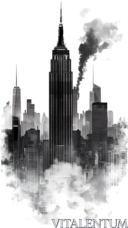 Monochrome skyscraper skyline with atmospheric vertical emphasis.
