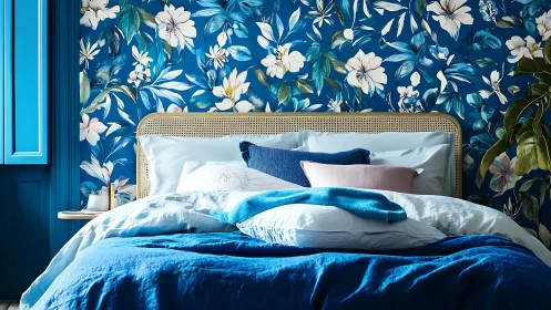 Cozy blue bedroom invites rest with lush floral wallpaper