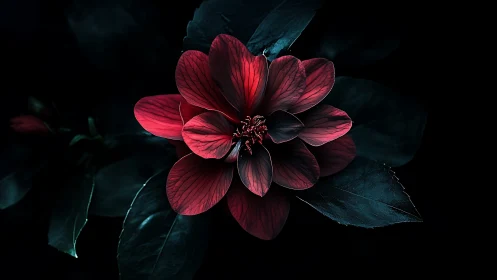 Midnight crimson bloom framed by velvety shadowed leaves.