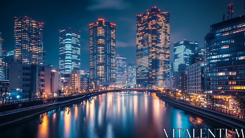 Night city skyline with tall offices along calm river.