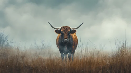 Longhorn bovine in misty steppe under diffused overcast sky.