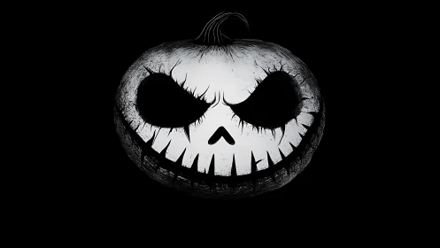 Sinister monochrome pumpkin skull against black void.