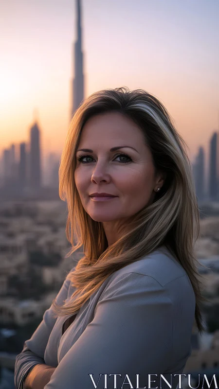 Portrait of woman on rooftop terrace overlooking city skyline