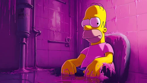 Bright yellow cartoon man slumps in a neon pink puddle