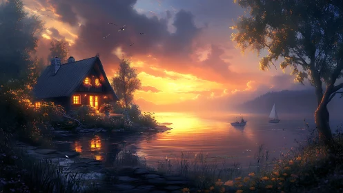 Lakeside cabin glows beside tranquil boats at vivid sunset