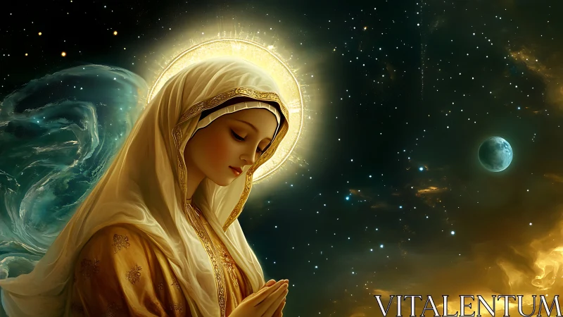 Star-veiled saint adrift in a golden cosmic hush.