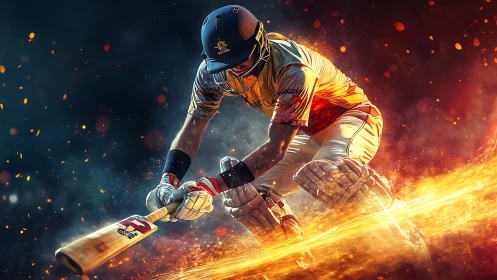 Cricket striker carving molten light across a blazing pitch.