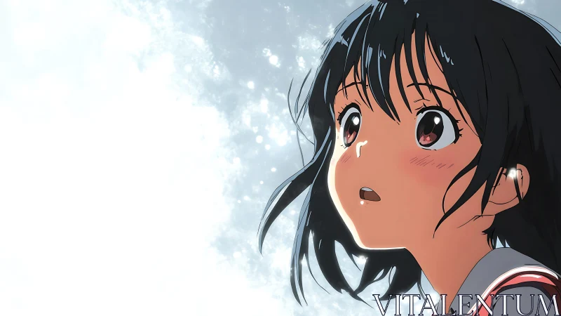 Anime girl gazing upward against bright sky background.