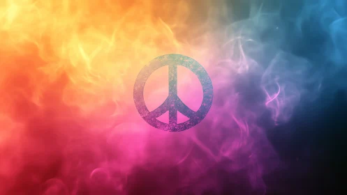 Peace symbol drifting through prismatic cosmic smoke clouds.