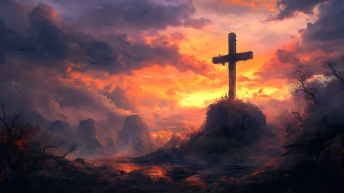 Backlit wooden cross crowns rocky hill under volumetric sunset