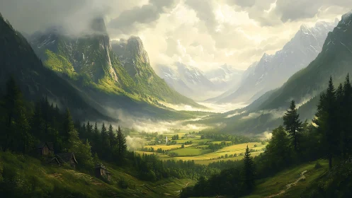 Lush valley with farms between towering misty mountains.