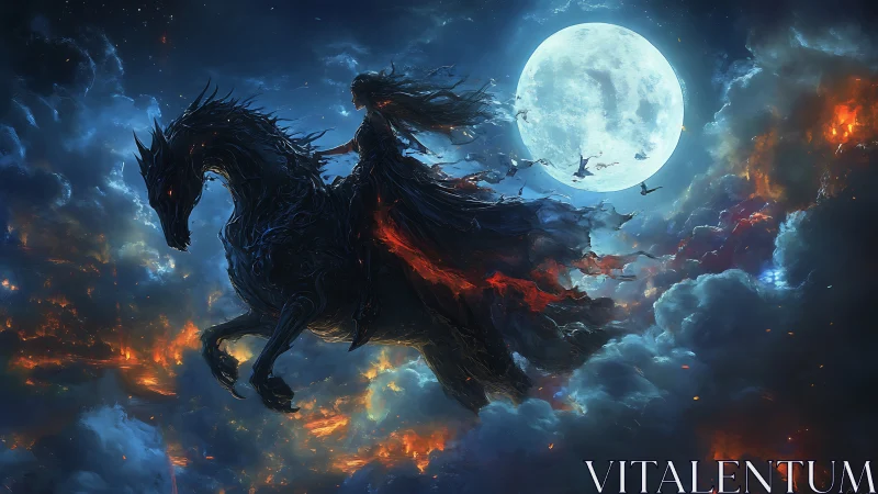 Dark rider commands infernal steed beneath burning moon.