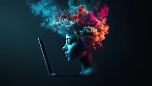 Surreal digital mind emerges from laptop in vivid neon clouds