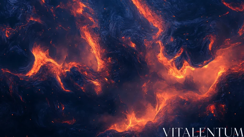 Molten Lava Flow: Fiery Orange Streams Against Dark Volcanic Landscape