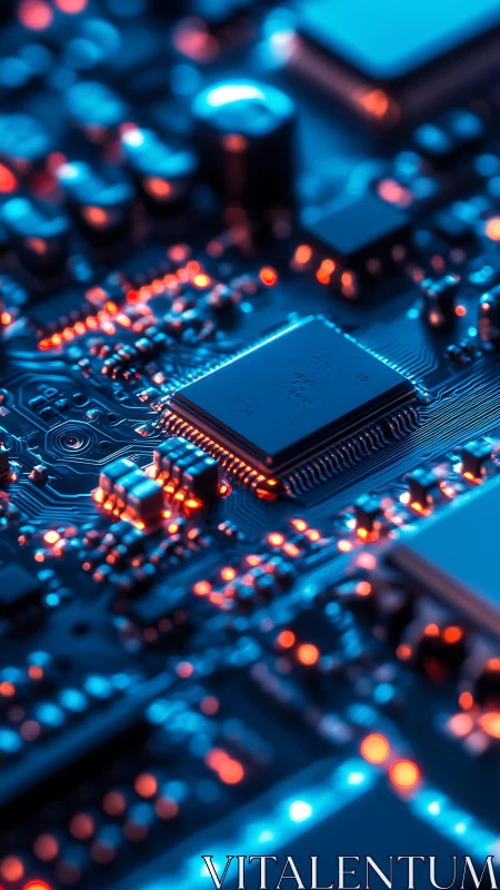 Microchip glows amid neon circuitry in a high-tech blur.