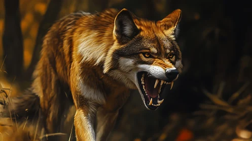 Snarling wolf strides through shadowed forest in autumn light