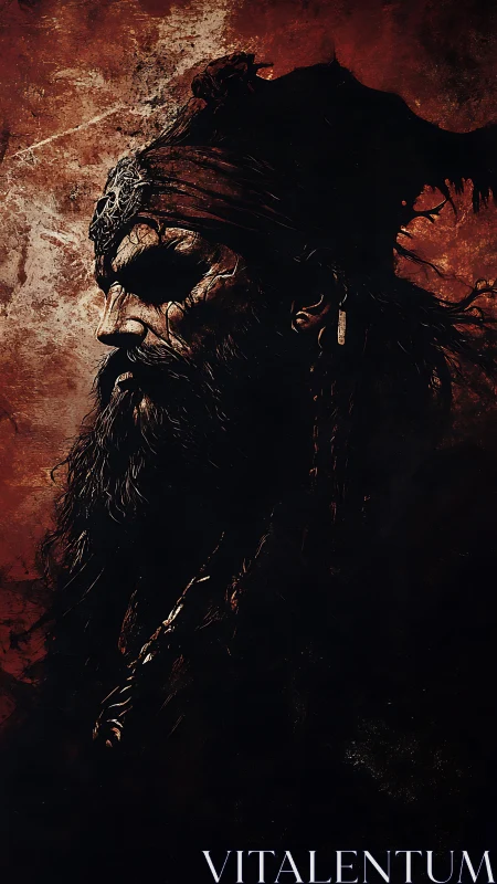 Side profile of bearded warrior in dark painted portrait.