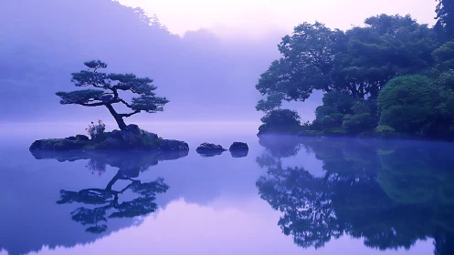 Misty lakeside bonsai and forest mirrored in violet dawn.