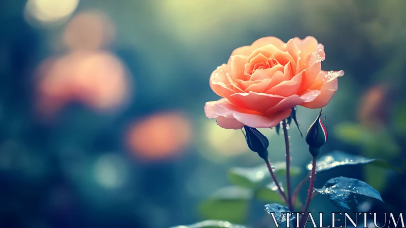 Salmon pink rose with water droplets in shallow depth of field garden setting.