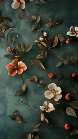 Botanical Arrangement on Teal: Florals and Foliage Composition.