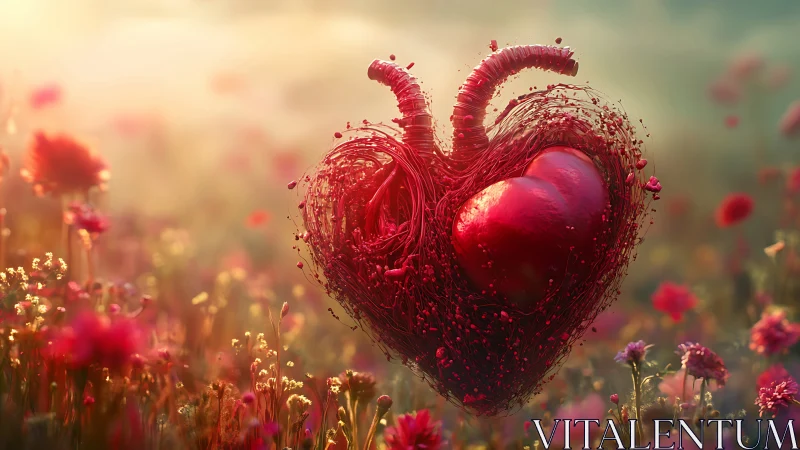 Crimson Heart Suspended in Floral Field at Sunset.
