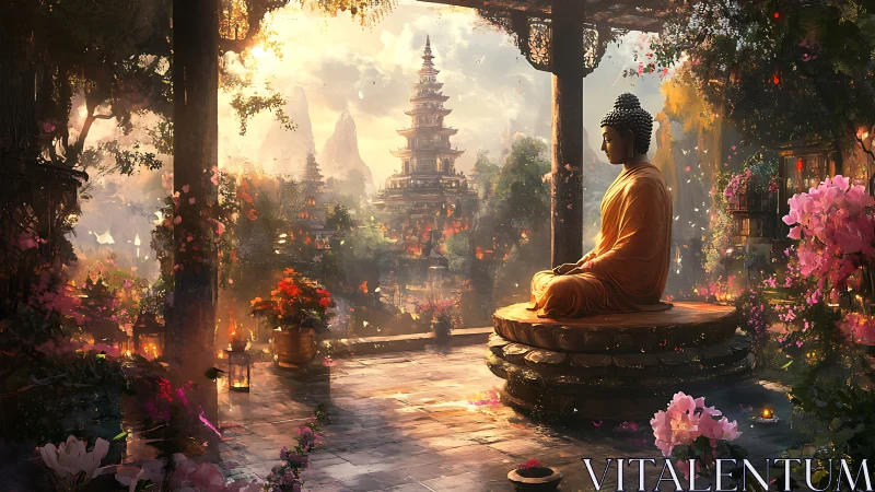 Serene Buddha terrace overlooks luminous pagoda valley at dawn