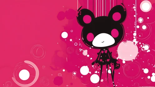 Cartoon bear character stands on pink abstract backdrop