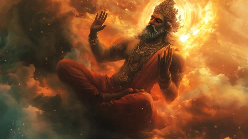 Radiant celestial sage resting calmly in a golden sky.