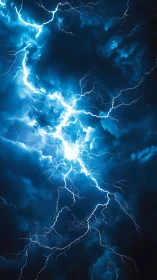 Electric blue lightning fracturing dense storm clouds sky.