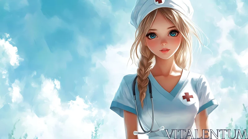 Anime nurse with stethoscope stands under bright sky