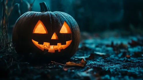 Rain-kissed jack-o-lantern grinning through blue dusk.