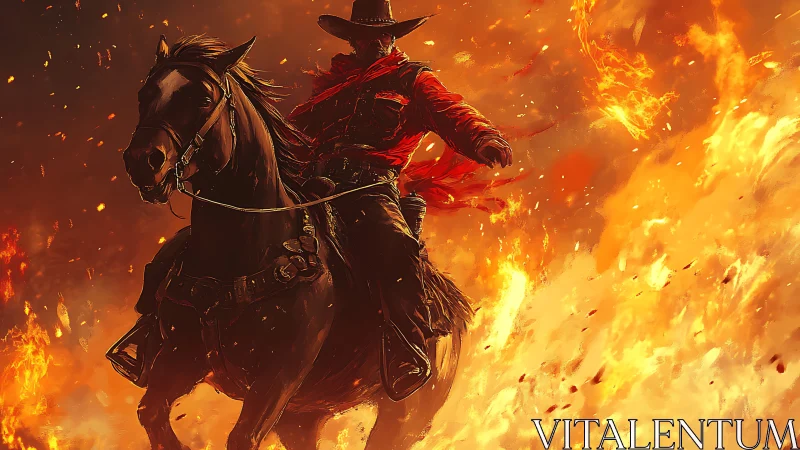 Horse-mounted figure advancing through dense firestorm scene.