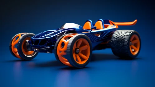 Electric blue toy racer with bold orange off-road wheels.