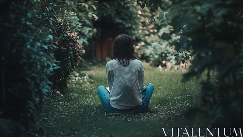 Woman Sitting Alone in Lush Garden, Moody Cinematic Style.