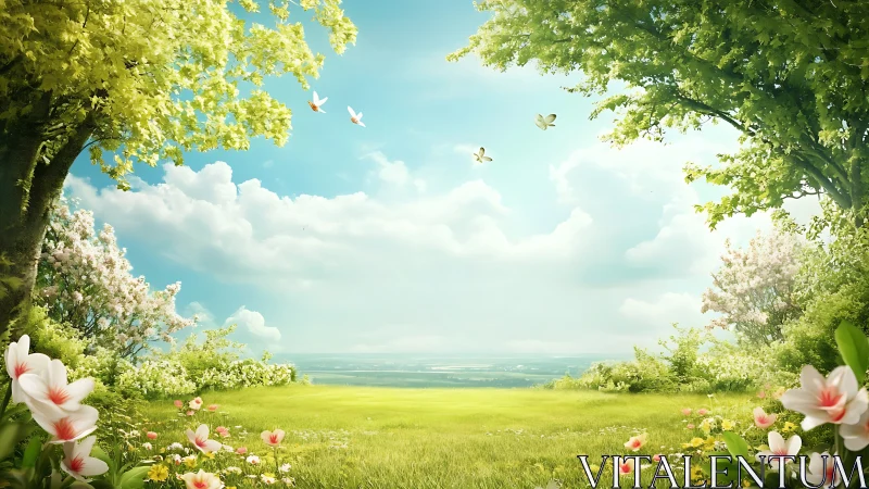 Luminous spring meadow panorama with layered floral canopy.