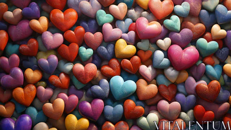 Densely packed three-dimensional hearts rendered in vibrant multi-colored palette
