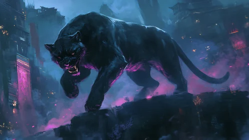 Neon Panther Stalking Through Cyberpunk Megacity Ruins.