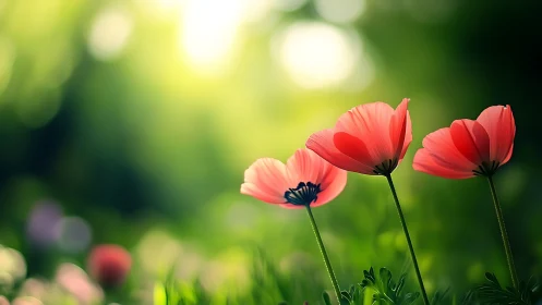 Red Poppies Glowing Against Soft Green Bokeh Background.